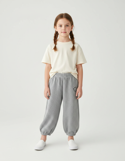 Pantalon Fluide Gris Côtelé Ample Décontracté Smiley Enfant - Maille