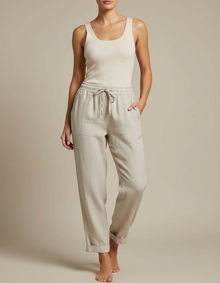 Pantalon Fluide Beige Lin Coton Ample Décontracté