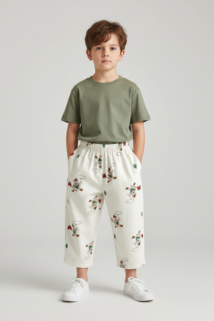 Pantalon Fluide Écru Ample Coton Imprimé Décontracté Enfant