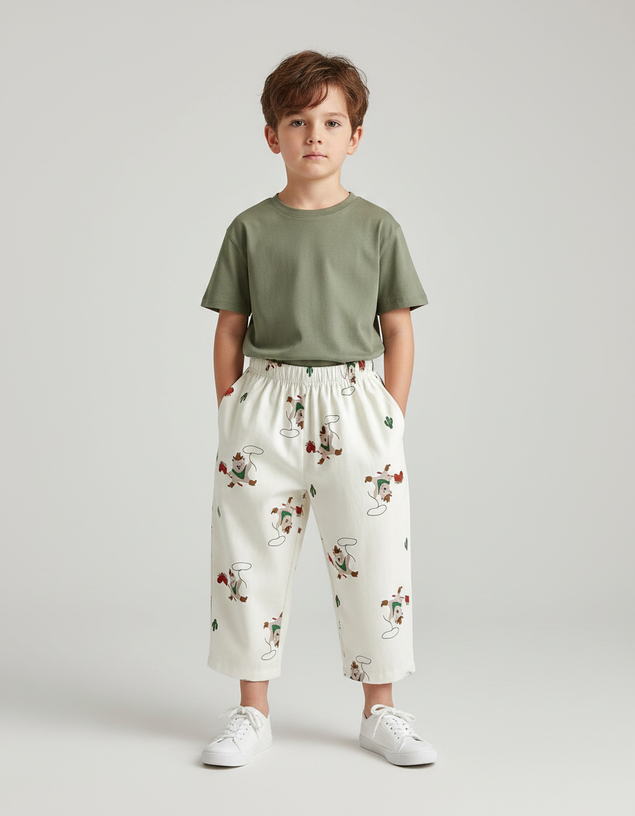 Pantalon Fluide Écru Ample Coton Imprimé Décontracté Enfant