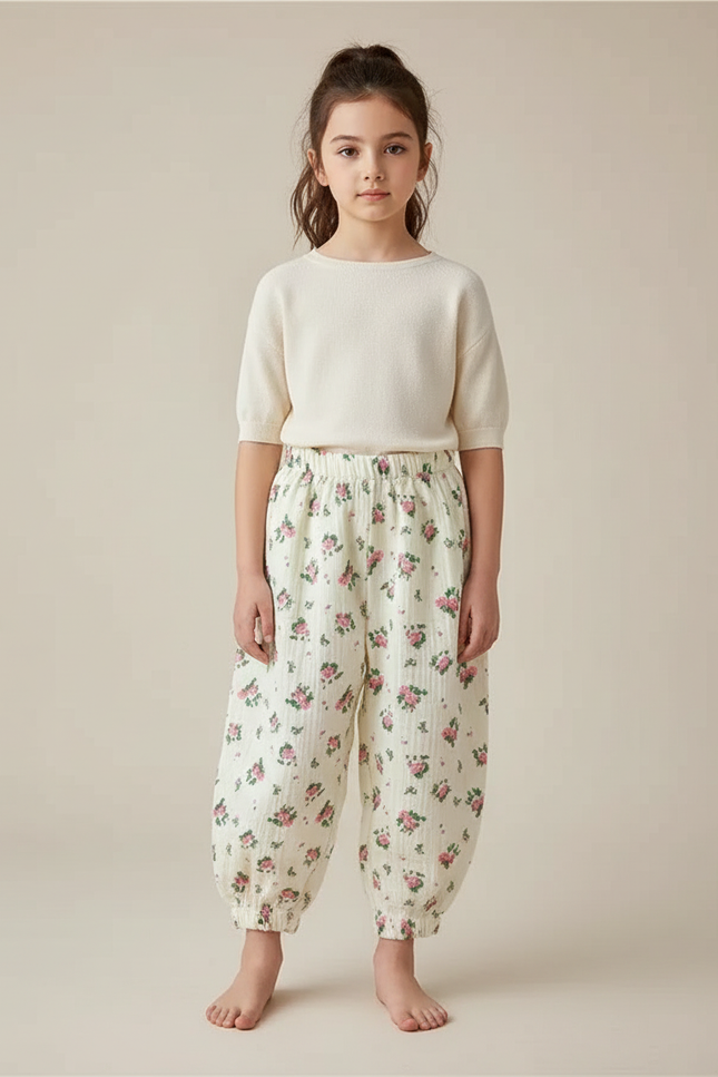Pantalon Fluide Écru Imprimé Roses Mousseline Enfant - Coton