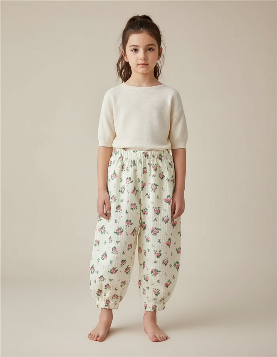 Pantalon Fluide Écru Imprimé Roses Mousseline Enfant - Coton