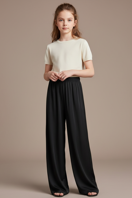 Pantalon Fluide Noir Ample Satiné Taille Élastique