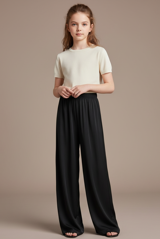 Pantalon Fluide Noir Ample Satiné Taille Élastique