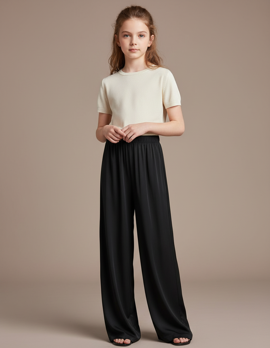 Pantalon Fluide Noir Ample Satiné Taille Élastique