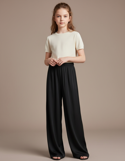 Pantalon Fluide Noir Ample Satiné Taille Élastique