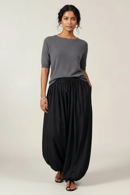 Pantalon Fluide Noir Ample Sarouel Décontracté Femme - Viscose