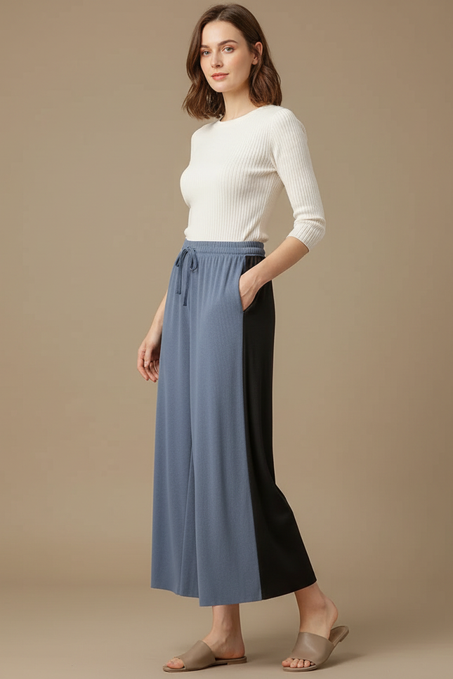 Pantalon Fluide Bicolore Ample Cordon Doux Décontracté - Bleu Viscose