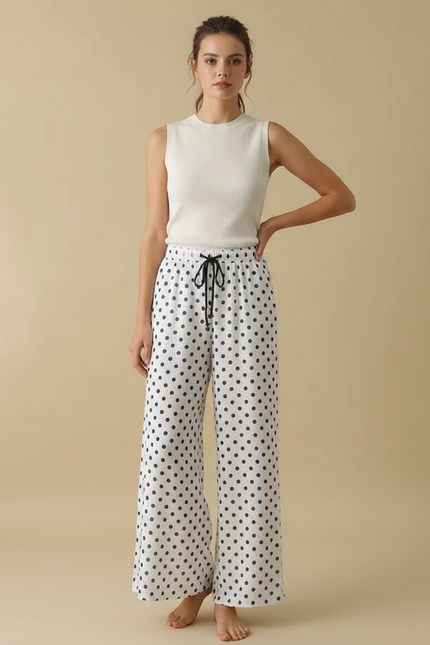 Pantalon Fluide Évasé Blanc À Pois Noirs Femme - Viscose