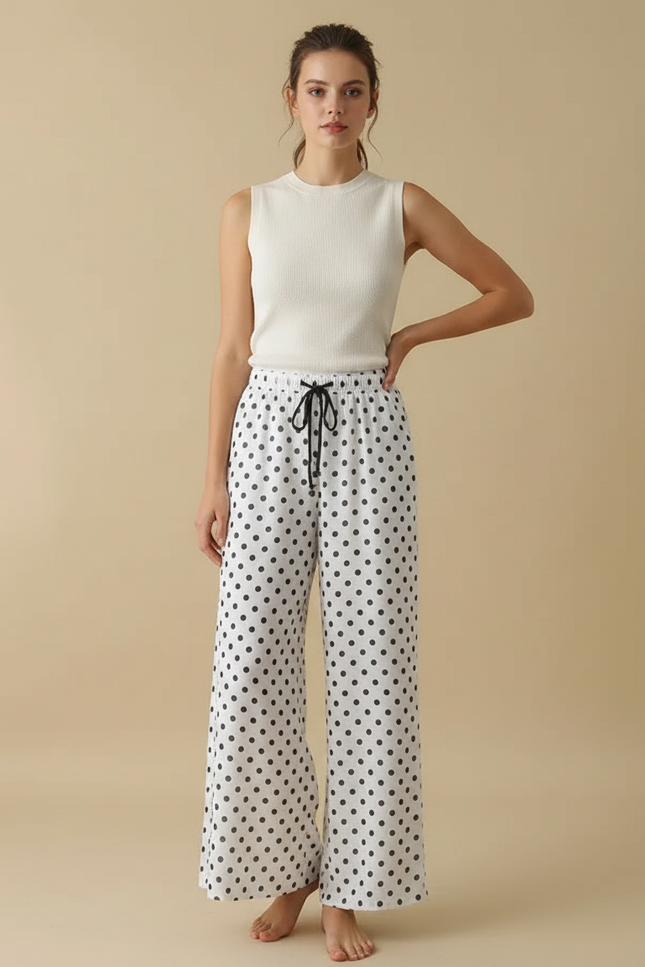 Pantalon Fluide Évasé Blanc À Pois Noirs Femme - Viscose
