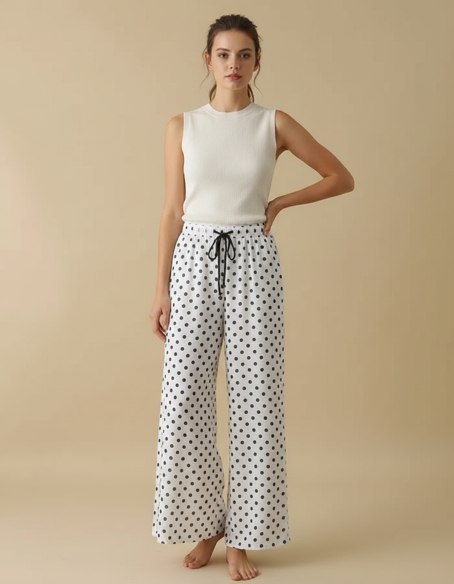 Pantalon Fluide Évasé Blanc À Pois Noirs Femme - Viscose