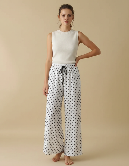 Pantalon Fluide Évasé Blanc À Pois Noirs Femme - Viscose