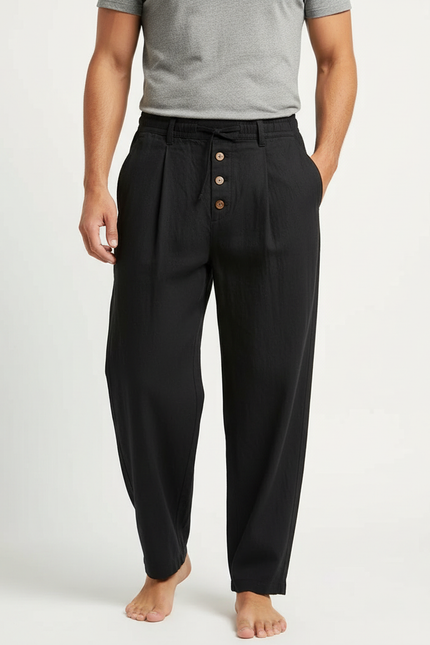 Pantalon Fluide Noir Coton Lin Ample Boutons Décontracté Homme