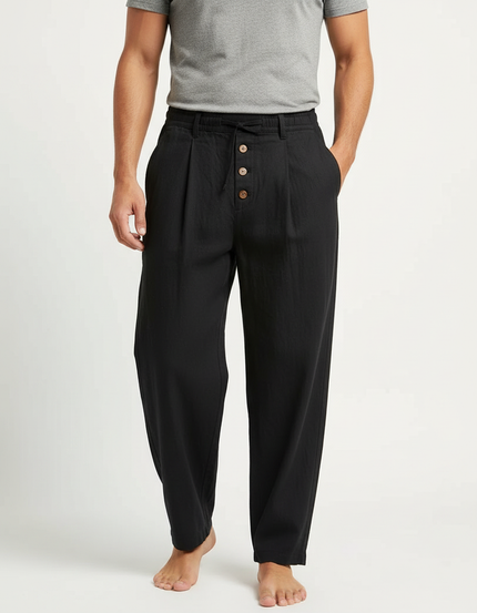 Pantalon Fluide Noir Coton Lin Ample Boutons Décontracté Homme