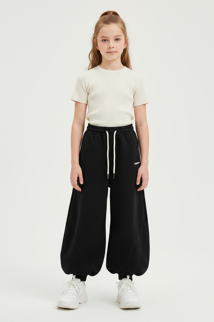 Pantalon Fluide Noir Ample Molleton Sport Enfant