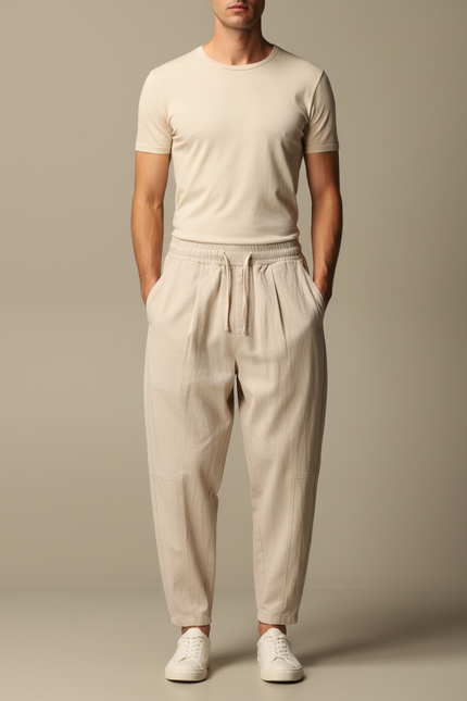 Pantalon Fluide Beige Coton Ample Décontracté Homme Cordon