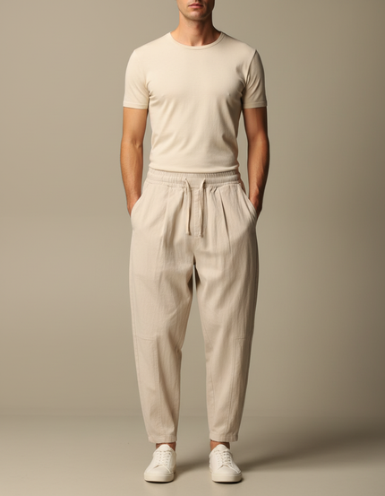 Pantalon Fluide Beige Coton Ample Décontracté Homme Cordon