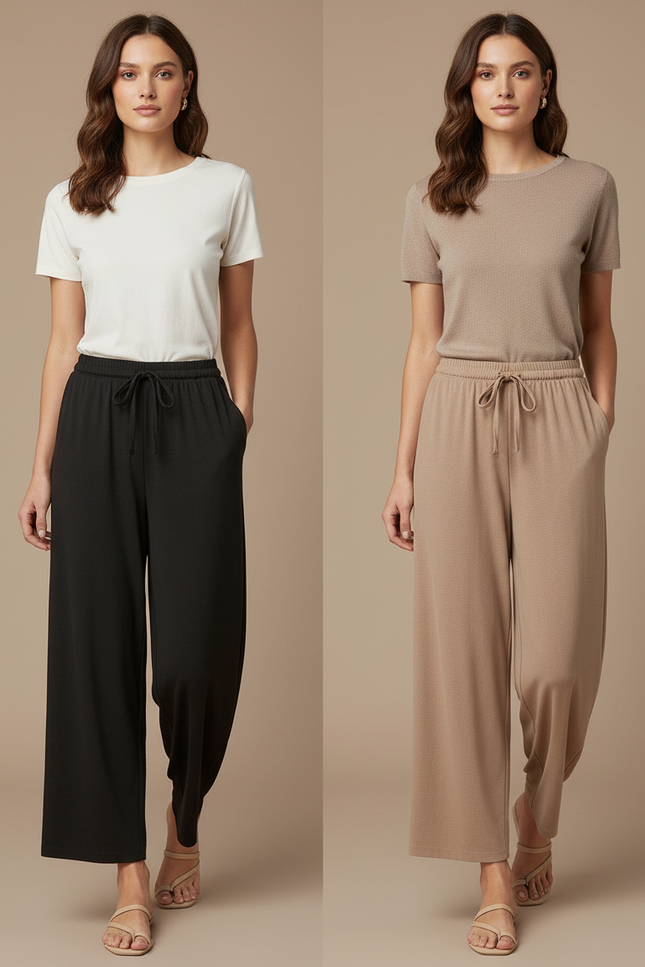 Pantalon Fluide Ample Cordon Doux Confortable - Noir Maille