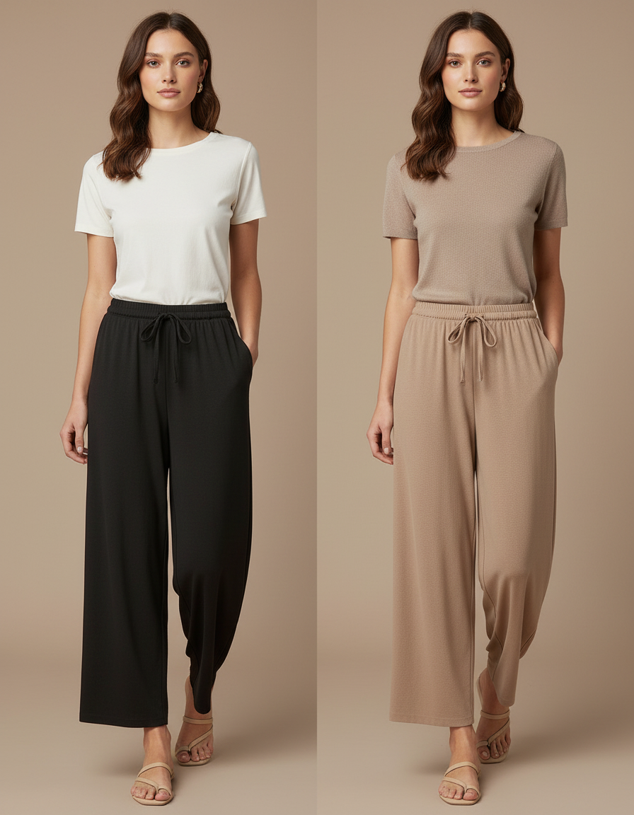 Pantalon Fluide Ample Cordon Doux Confortable - Noir Maille