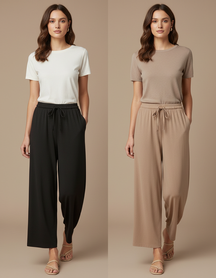 Pantalon Fluide Ample Cordon Doux Confortable - Noir Maille