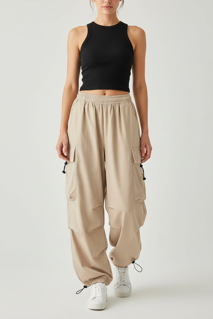 Pantalon Fluide Cargo Beige Ample Décontracté Streetwear - Polyester