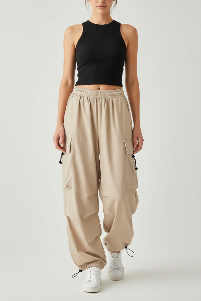Pantalon Fluide Cargo Beige Ample Décontracté Streetwear - Polyester