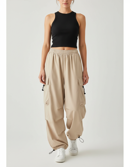 Pantalon Fluide Cargo Beige Ample Décontracté Streetwear - Polyester