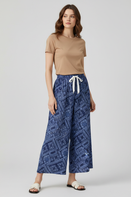 Pantalon Fluide Bleu Motif Ethnique Ample Bohème - Viscose