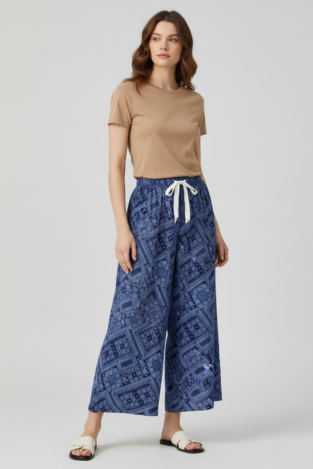Pantalon Fluide Bleu Motif Ethnique Ample Bohème - Viscose