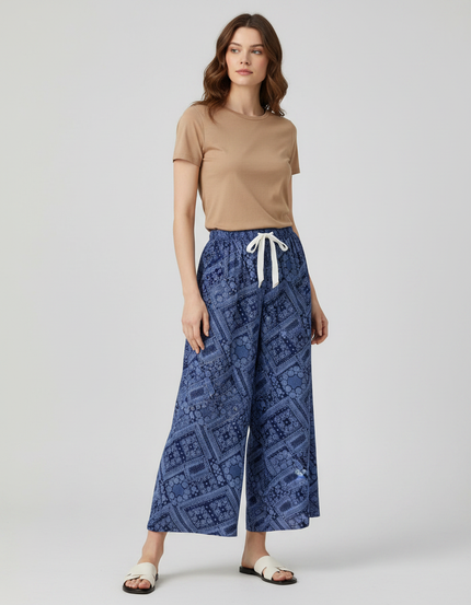 Pantalon Fluide Bleu Motif Ethnique Ample Bohème - Viscose