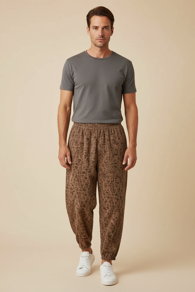 Pantalon Fluide Imprimé Léopard Marron Ample Décontracté Homme - Maille