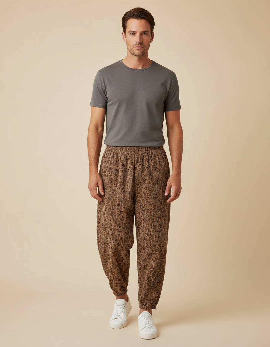 Pantalon Fluide Imprimé Léopard Marron Ample Décontracté Homme - Maille