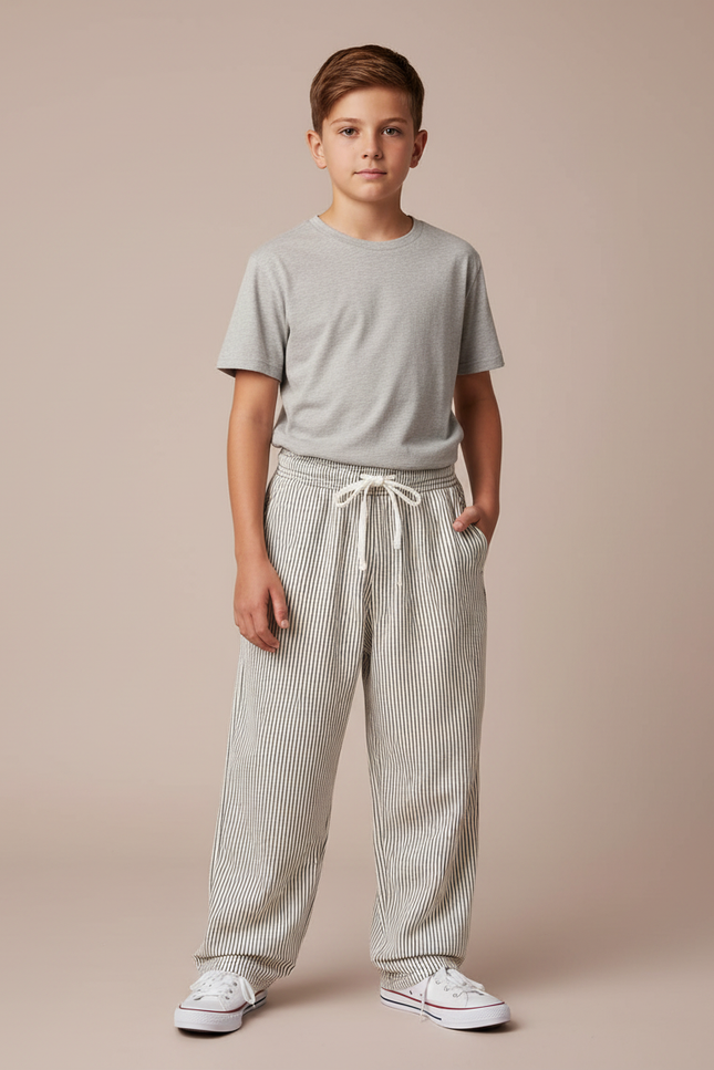 Pantalon Fluide Rayé Coton Décontracté Ample Garçon - Beige