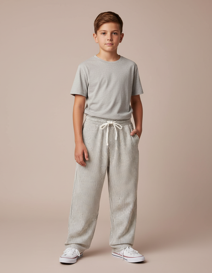 Pantalon Fluide Rayé Coton Décontracté Ample Garçon - Beige