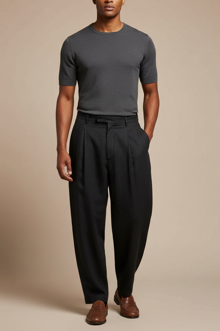 Pantalon Taille Haute Fluide Homme - Noir Viscose