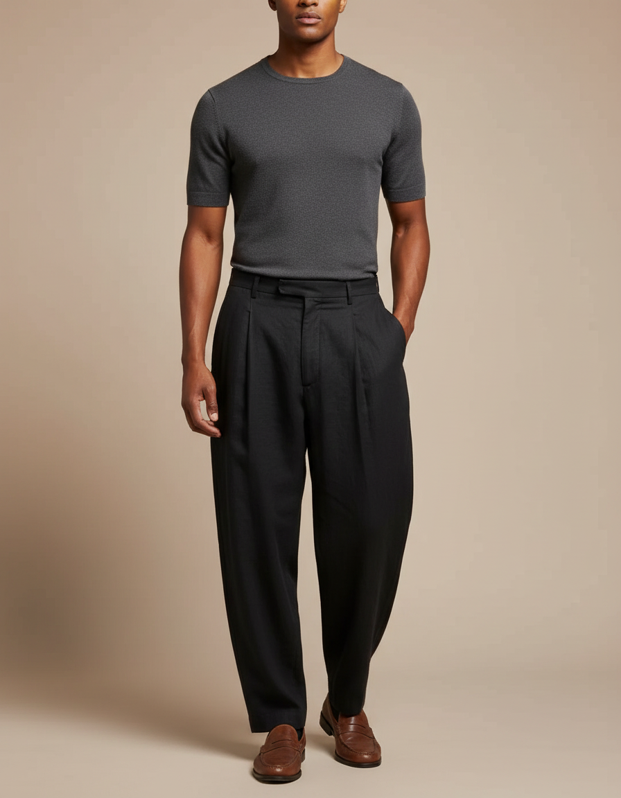 Pantalon Taille Haute Fluide Homme - Noir Viscose