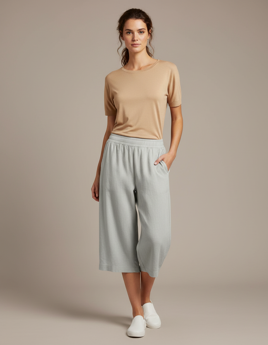 Pantalon Fluide Vert Ample Coton Lin Femme