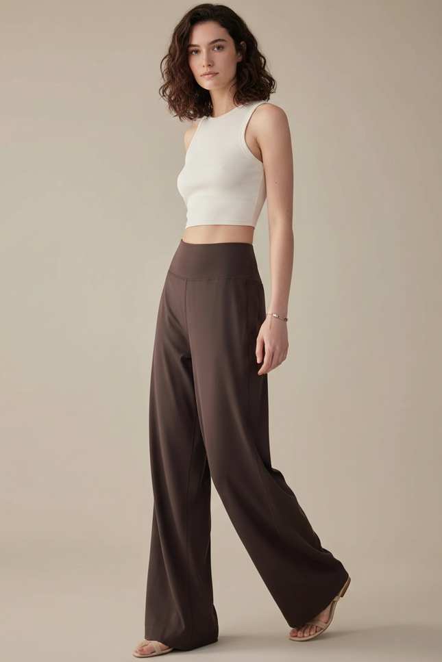 Pantalon Fluide Marron Ample Taille Haute Confortable - Viscose