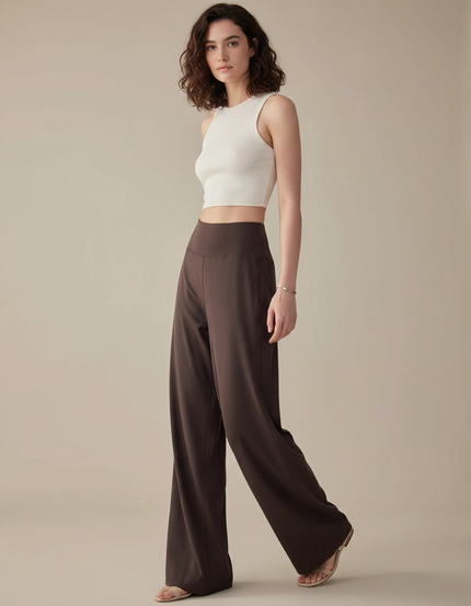 Pantalon Fluide Marron Ample Taille Haute Confortable - Viscose