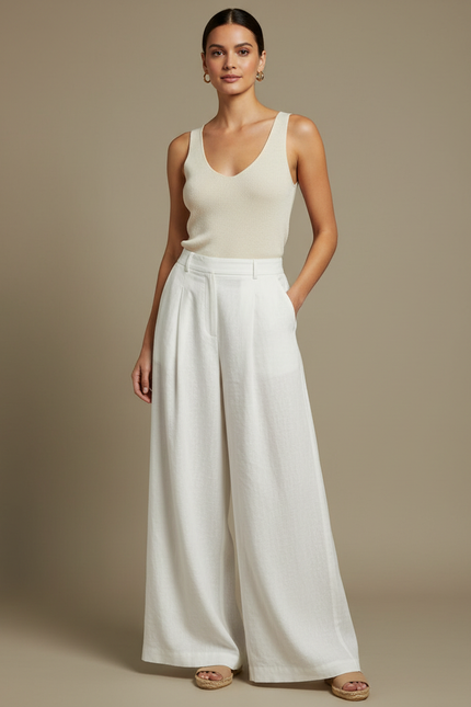 Pantalon Fluide Blanc Ample Taille Haute Lin