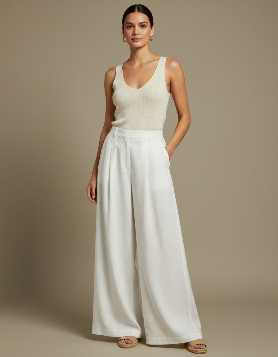Pantalon Fluide Blanc Ample Taille Haute Lin