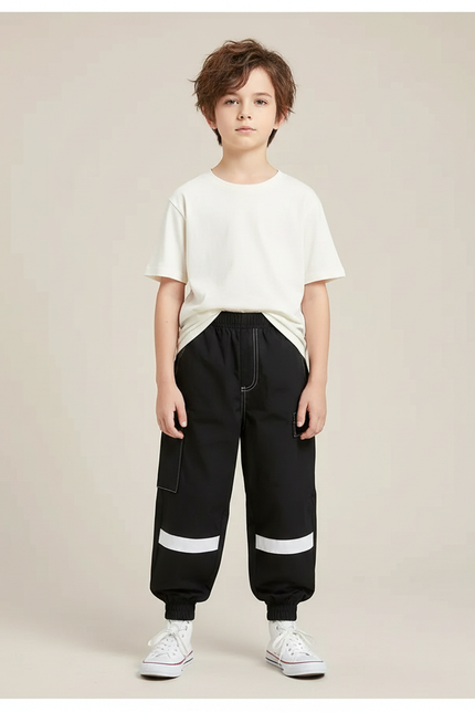 Pantalon Fluide Noir Ample Cargo Bandes Blanches - Polyester