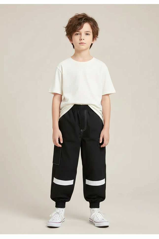 Pantalon Fluide Noir Ample Cargo Bandes Blanches - Polyester