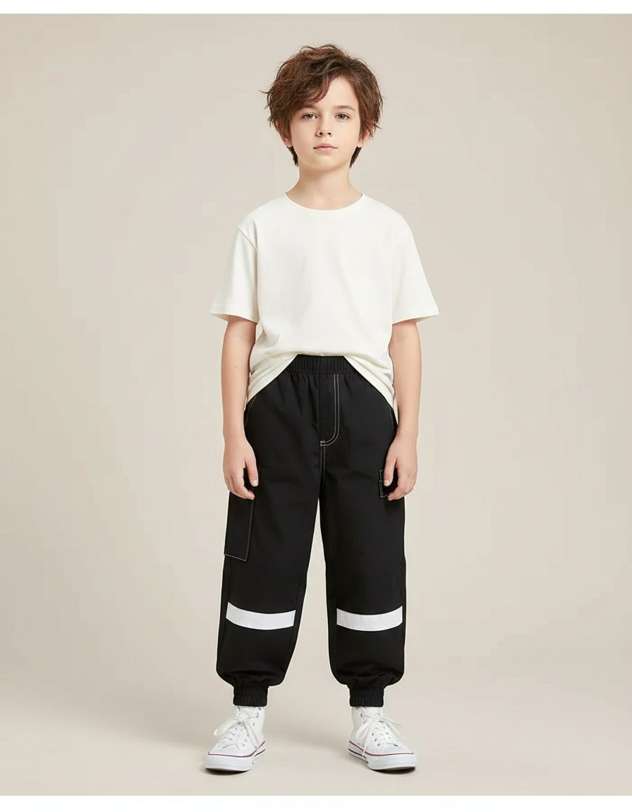 Pantalon Fluide Noir Ample Cargo Bandes Blanches - Polyester