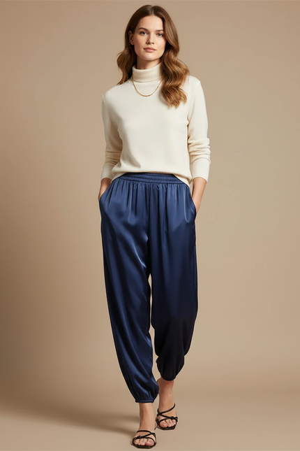 Pantalon Fluide Satiné Bleu Marine Ample Décontracté