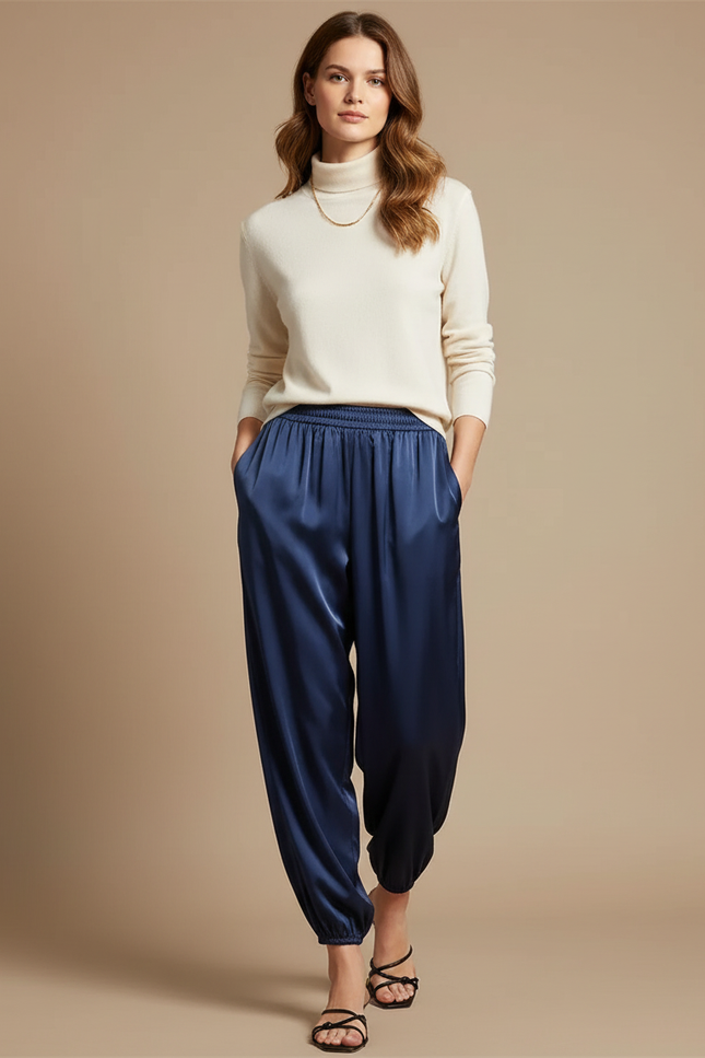 Pantalon Fluide Satiné Bleu Marine Ample Décontracté