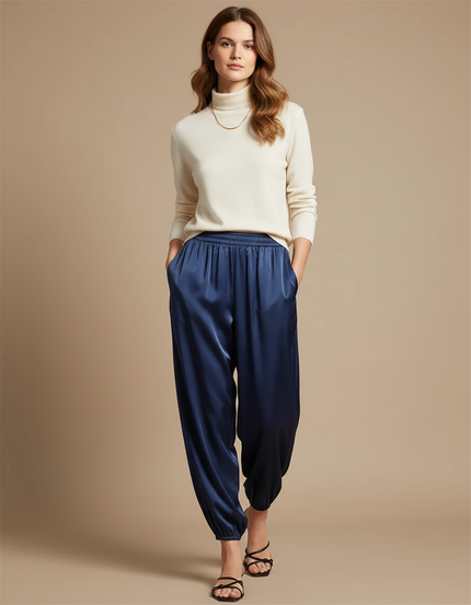Pantalon Fluide Satiné Bleu Marine Ample Décontracté