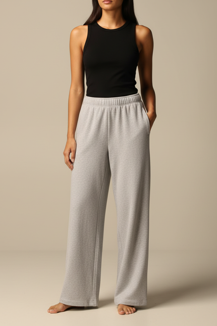 Pantalon Fluide Gris Ample Décontracté Molleton Confortable