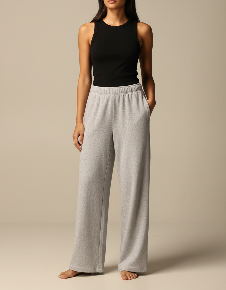 Pantalon Fluide Gris Ample Décontracté Molleton Confortable