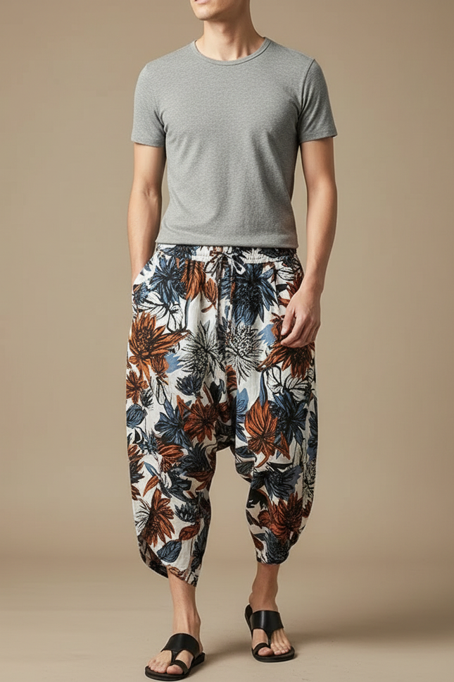 Pantalon Fluide Imprimé Floral Harem Coton Lin